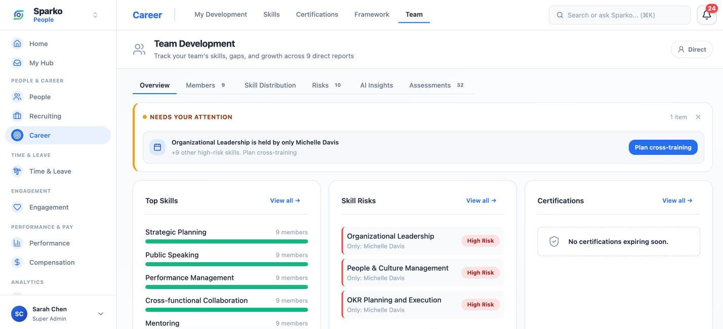 Sparko team development view with top skills, skill risks, and certifications