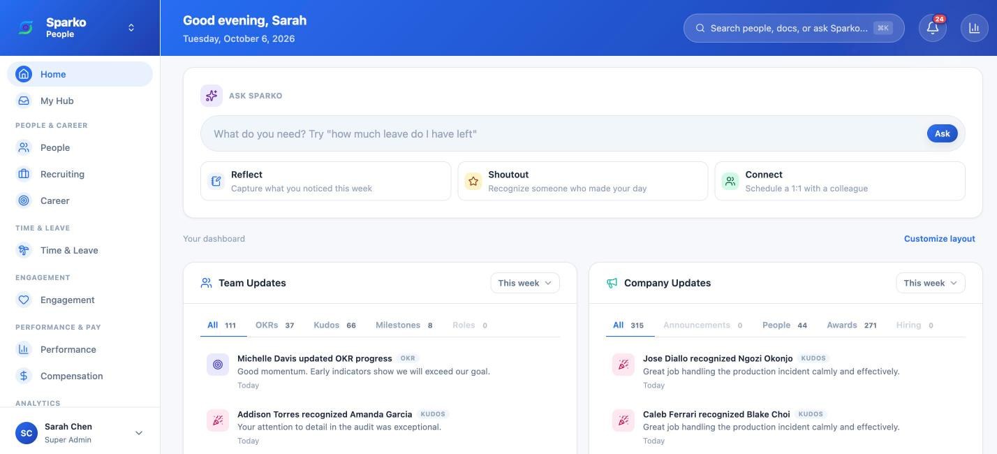 Sparko home dashboard with Ask Sparko and team and company updates