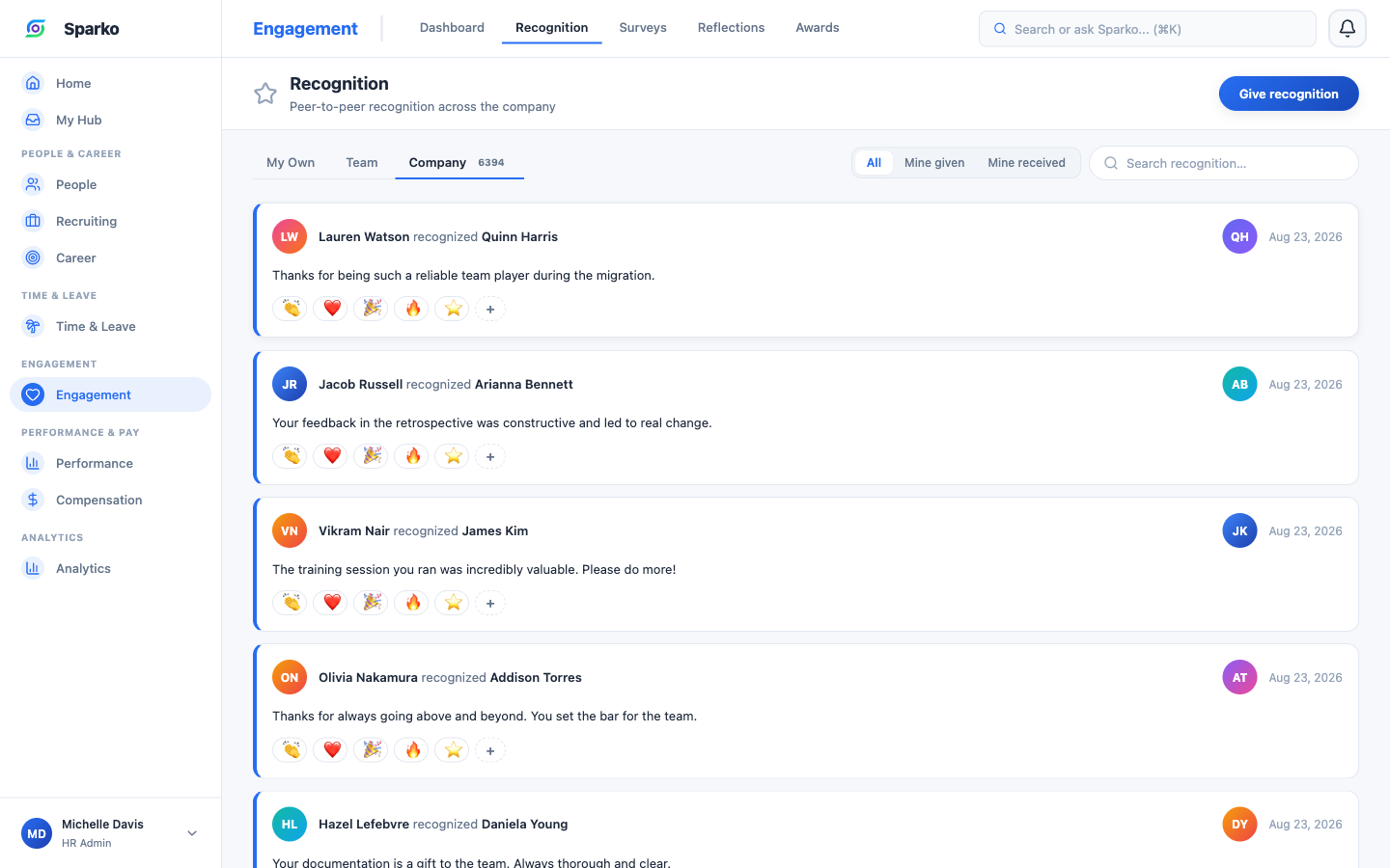 Sparko peer recognition feed with company-wide shout-outs and reactions