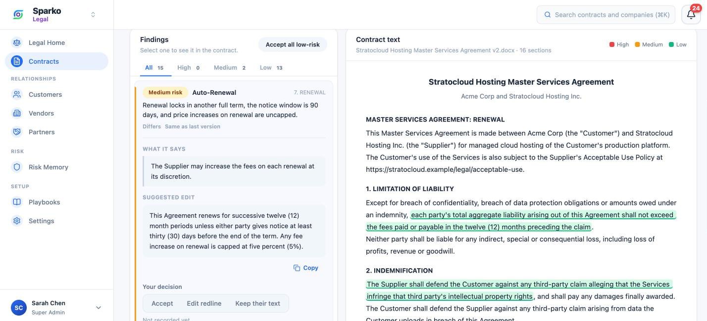 A Sparko Legal finding on auto-renewal with the quoted clause, a suggested edit, and the decision buttons