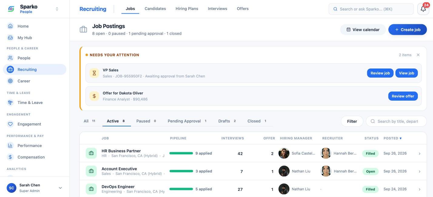Sparko job postings with pipeline progress and items waiting for approval